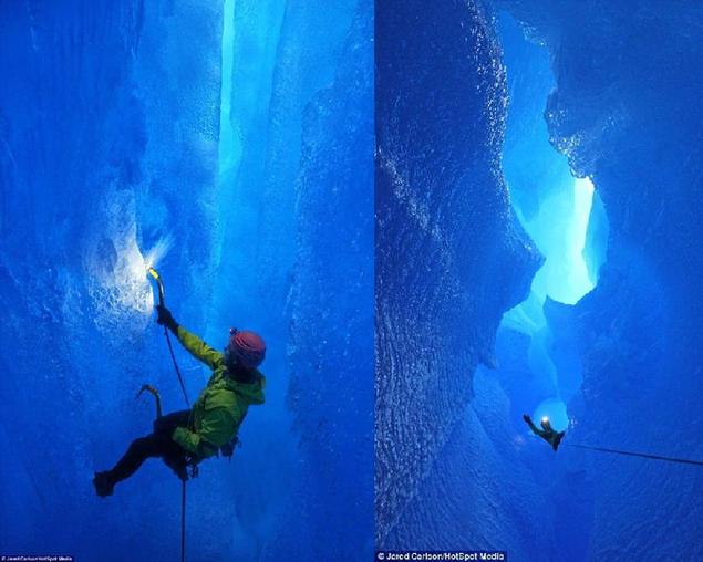 探险家潜入深蓝冰川垂降1600米 景色变化万千